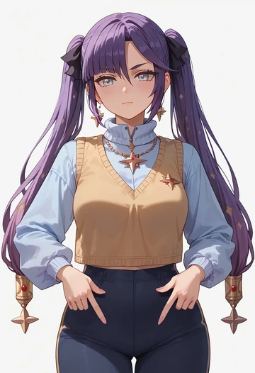 genshin impact,mona_(genshin_impact),vest,quilted,jogger pants  - AI generated anime art