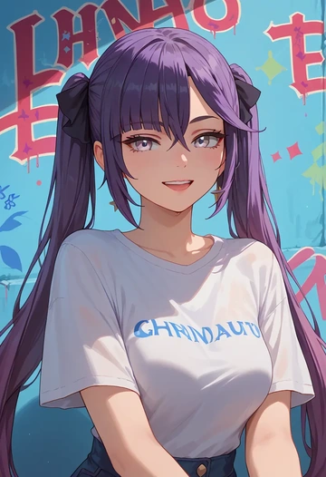 genshin impact,mona_(genshin_impact),crop graffiti tee,dolphin shorts  - AI generated anime art