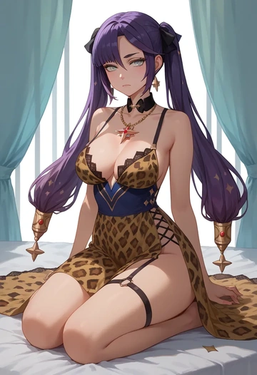 genshin impact,mona_(genshin_impact),leopard print,silk slip dress  - AI generated anime art