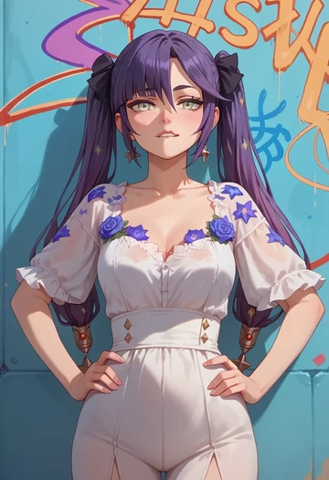 genshin impact,mona_(genshin_impact),floral graffiti blouse,dolphin shorts  - AI generated anime art