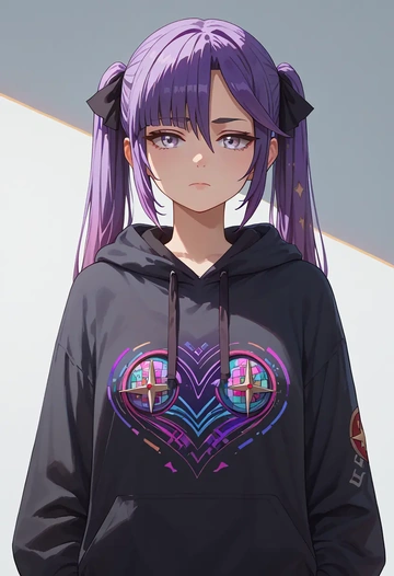 genshin impact,mona_(genshin_impact),oversized graphic hoodie,thigh-high socks,shorts  - AI generated anime art