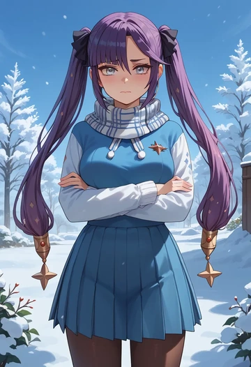 genshin impact,mona_(genshin_impact),winter,student uniform,puffer jacket  - AI generated anime art