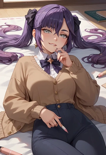 genshin impact,mona_(genshin_impact),teacher, sweater  - AI generated anime art