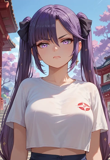 genshin impact,mona_(genshin_impact),crop graffiti tee,dolphin shorts  - AI generated anime art