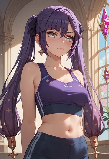 genshin impact,mona_(genshin_impact),sports bra,high-waisted leggings  - AI generated anime art