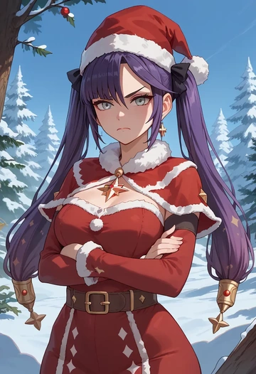 genshin impact,mona_(genshin_impact),Christmas,red velvet dress  - AI generated anime art