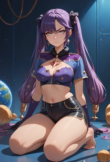 genshin impact,mona_(genshin_impact),leather,shorts,crop top  - AI generated anime art