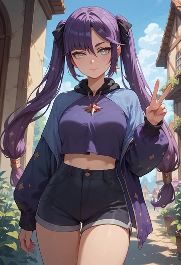 genshin impact,mona_(genshin_impact),jogger shorts,oversized tank  - AI generated anime art