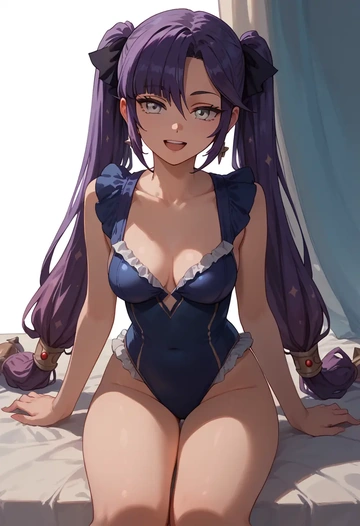 genshin impact,mona_(genshin_impact),retro style swimsuit,frilled neckline,bow detail  - AI generated anime art