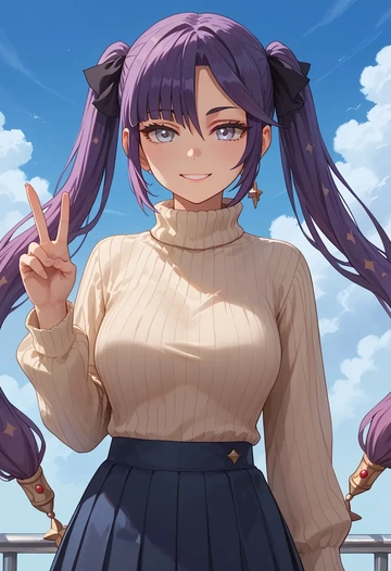 genshin impact,mona_(genshin_impact),skirt,pleated,turtleneck sweater  - AI generated anime art