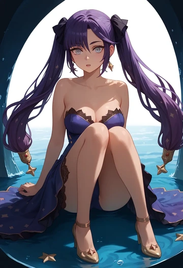 genshin impact,mona_(genshin_impact),gown,strapless,mermaid silhouette  - AI generated anime art