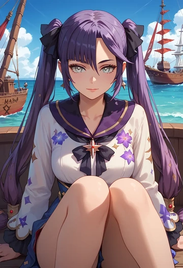 genshin impact,mona_(genshin_impact),floral graffiti blouse,dolphin shorts  - AI generated anime art