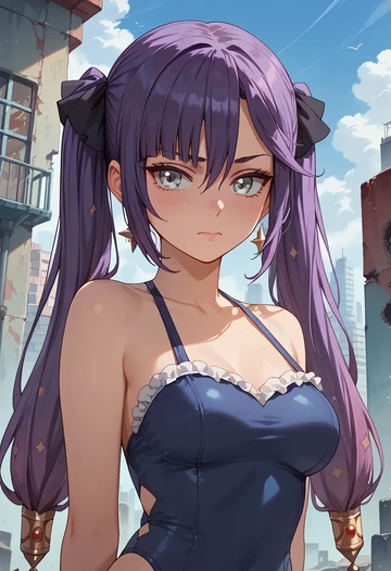 genshin impact,mona_(genshin_impact),retro style swimsuit,frilled neckline,bow detail  - AI generated anime art