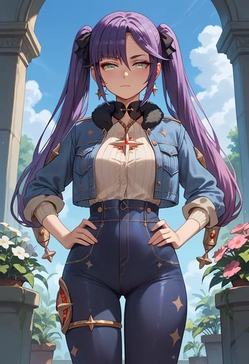 genshin impact,mona_(genshin_impact),denim jacket,cropped,leather leggings  - AI generated anime art