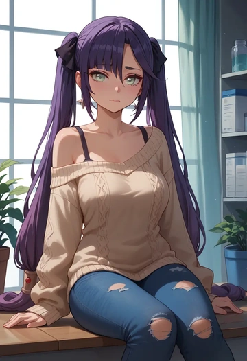 genshin impact,mona_(genshin_impact),sweater,off-shoulder,ripped jeans  - AI generated anime art