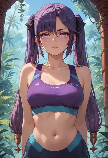 genshin impact,mona_(genshin_impact),sports bra,wide-leg joggers  - AI generated anime art