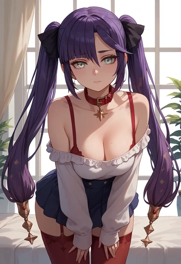 genshin impact,mona_(genshin_impact),collar,oversized,Thigh garters  - AI generated anime art