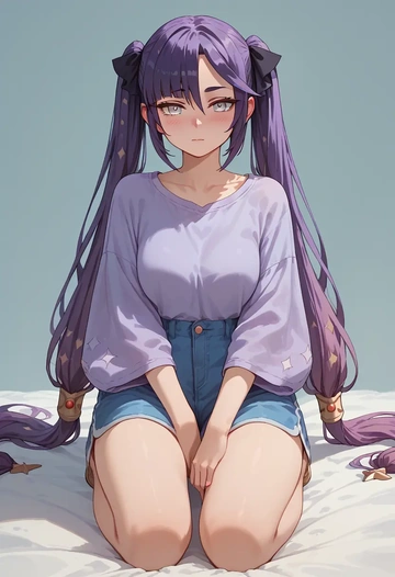 genshin impact,mona_(genshin_impact),graphic tee,shorts,sneakers  - AI generated anime art