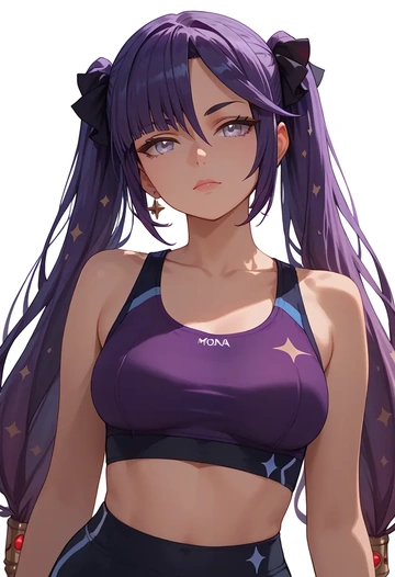 genshin impact,mona_(genshin_impact),sports bra,wide-leg joggers  - AI generated anime art