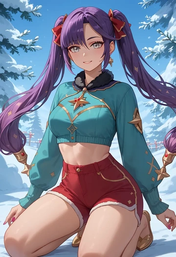 genshin impact,mona_(genshin_impact),red velvet shorts  - AI generated anime art