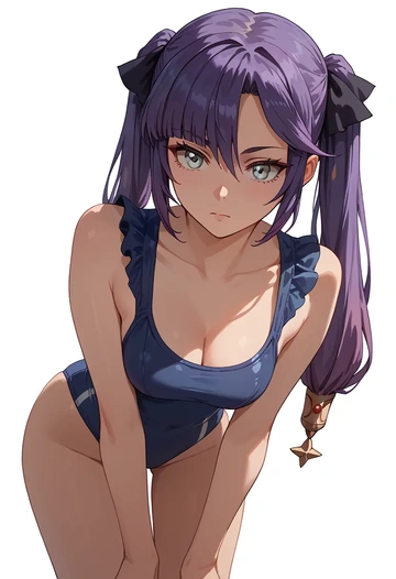 genshin impact,mona_(genshin_impact),retro style swimsuit,frilled neckline,bow detail  - AI generated anime art