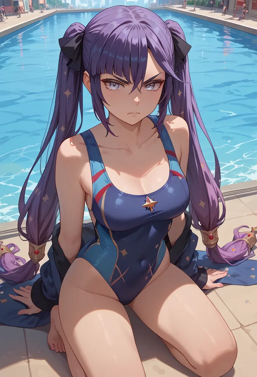 genshin impact,mona_(genshin_impact),racerback swimsuit,striped trim,name tag patch  - 