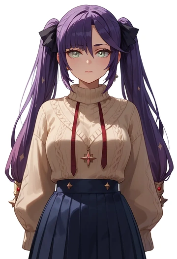 genshin impact,mona_(genshin_impact),sweater,cropped,pleated midi skirt  - AI generated anime art