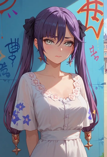 genshin impact,mona_(genshin_impact),floral graffiti blouse,dolphin shorts  - AI generated anime art