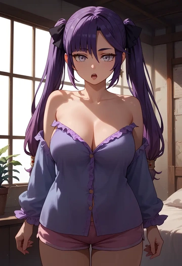 genshin impact,mona_(genshin_impact),pajamas, low-waisted shorts  - AI generated anime art