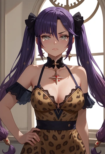 genshin impact,mona_(genshin_impact),leopard print,silk slip dress  - AI generated anime art