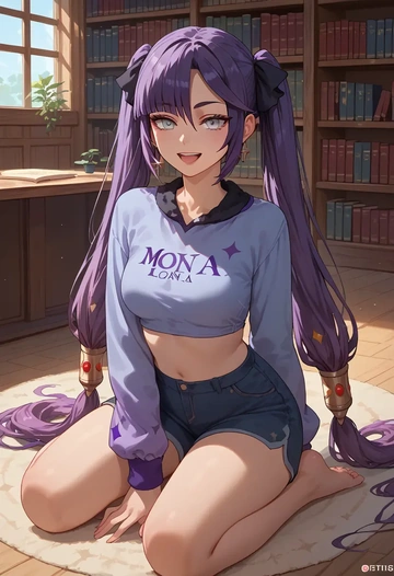 genshin impact,mona_(genshin_impact),crop top,athletic shorts  - AI generated anime art