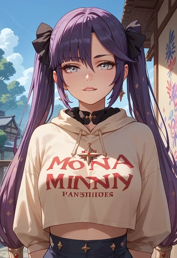 genshin impact,mona_(genshin_impact),cropped graffiti sweatshirt,dolphin shorts  - AI generated anime art