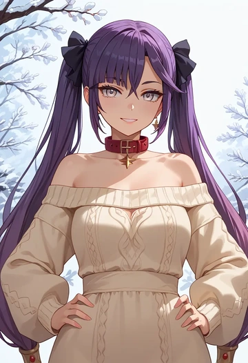 genshin impact,mona_(genshin_impact),sweater,off-shoulder,collar  - AI generated anime art