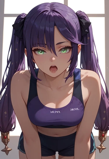 genshin impact,mona_(genshin_impact),sports bra,high-waisted leggings  - AI generated anime art