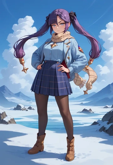 genshin impact,mona_(genshin_impact),winter,student uniform,down jacket  - AI generated anime art