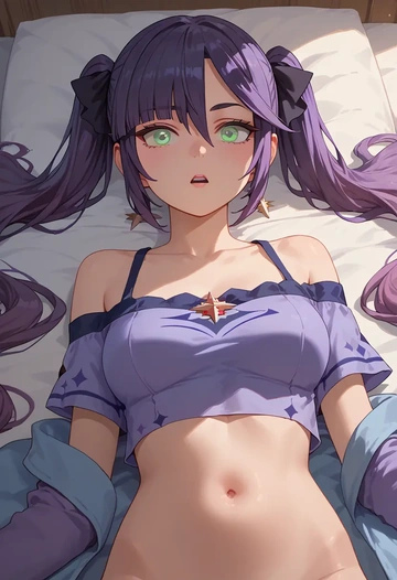 genshin impact,mona_(genshin_impact),off-shoulder top,dolphin shorts  - AI generated anime art