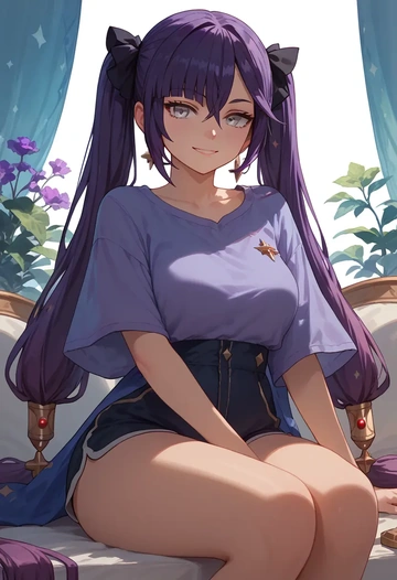 genshin impact,mona_(genshin_impact),graphic tee,shorts,sneakers  - AI generated anime art