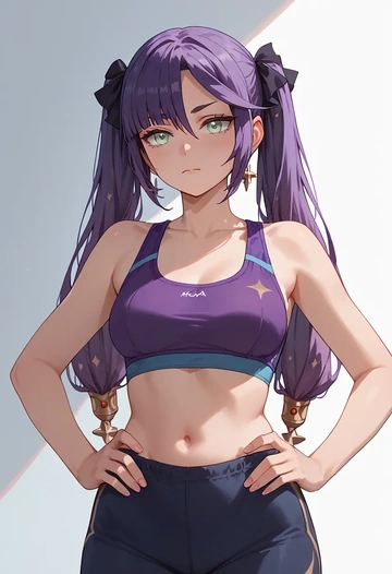 genshin impact,mona_(genshin_impact),sports bra,high-waisted leggings  - AI generated anime art