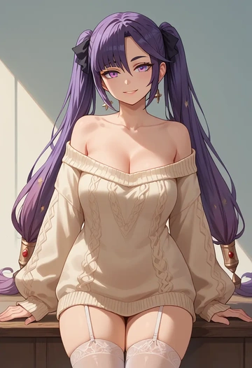 genshin impact,mona_(genshin_impact),off-shoulder,sweater  - AI generated anime art