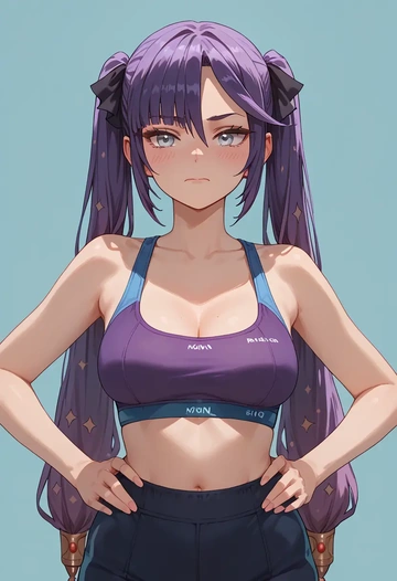 genshin impact,mona_(genshin_impact),sports bra,high-waisted leggings  - AI generated anime art