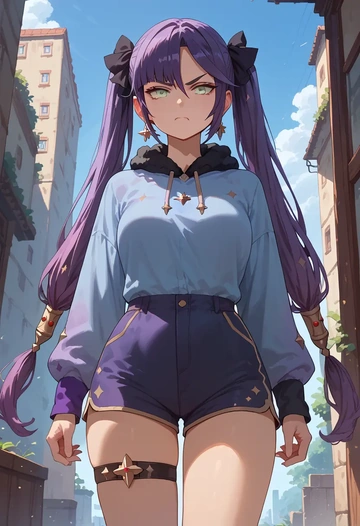 genshin impact,mona_(genshin_impact),jogger shorts,oversized tank  - AI generated anime art