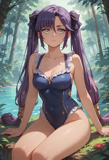 genshin impact,mona_(genshin_impact),retro style swimsuit,frilled neckline,bow detail  - AI generated anime art