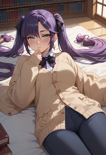 genshin impact,mona_(genshin_impact),cardigan,oversized,wide-leg pants  - AI generated anime art