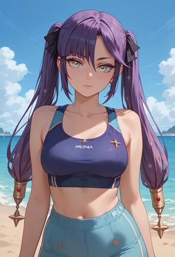 genshin impact,mona_(genshin_impact),sports bra,high-waisted leggings  - AI generated anime art