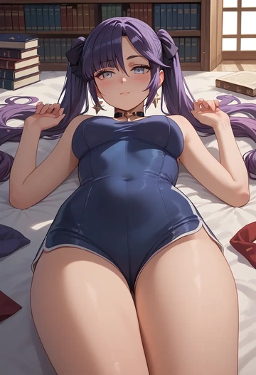 genshin impact,mona_(genshin_impact),sleeveless swim top,shorts-style bottom,contrast stitching  - AI generated anime art