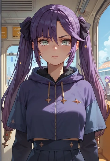 genshin impact,mona_(genshin_impact),crop windbreaker,shorts  - AI generated anime art