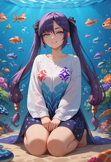 genshin impact,mona_(genshin_impact),oversized graffiti shirt,dolphin shorts  - AI generated anime art