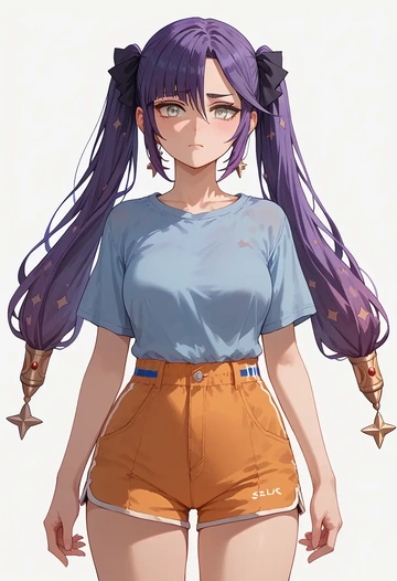 genshin impact,mona_(genshin_impact),jogger shorts,oversized tank  - AI generated anime art