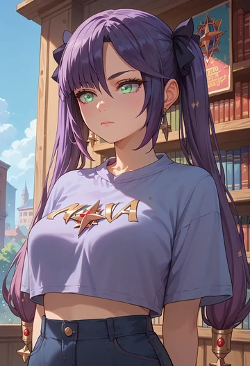 genshin impact,mona_(genshin_impact),cropped graffiti sweatshirt,dolphin shorts  - AI generated anime art