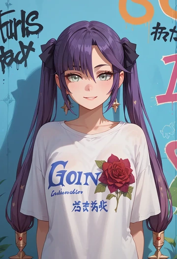 genshin impact,mona_(genshin_impact),oversized graffiti shirt,dolphin shorts  - AI generated anime art